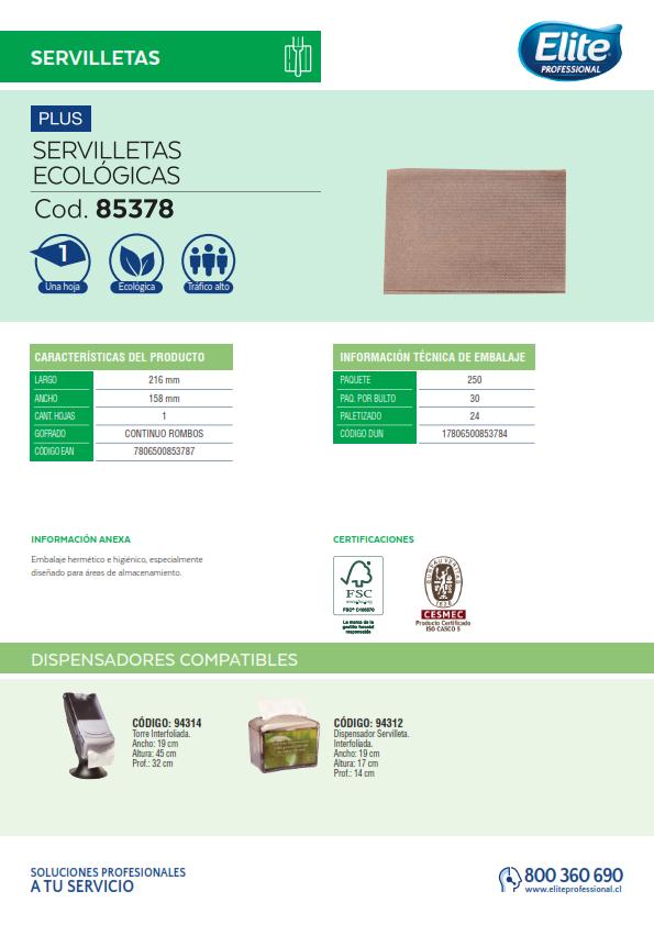 Servilleta ecológica interfoliada 250 unidades - Material reciclado de alta calidad
