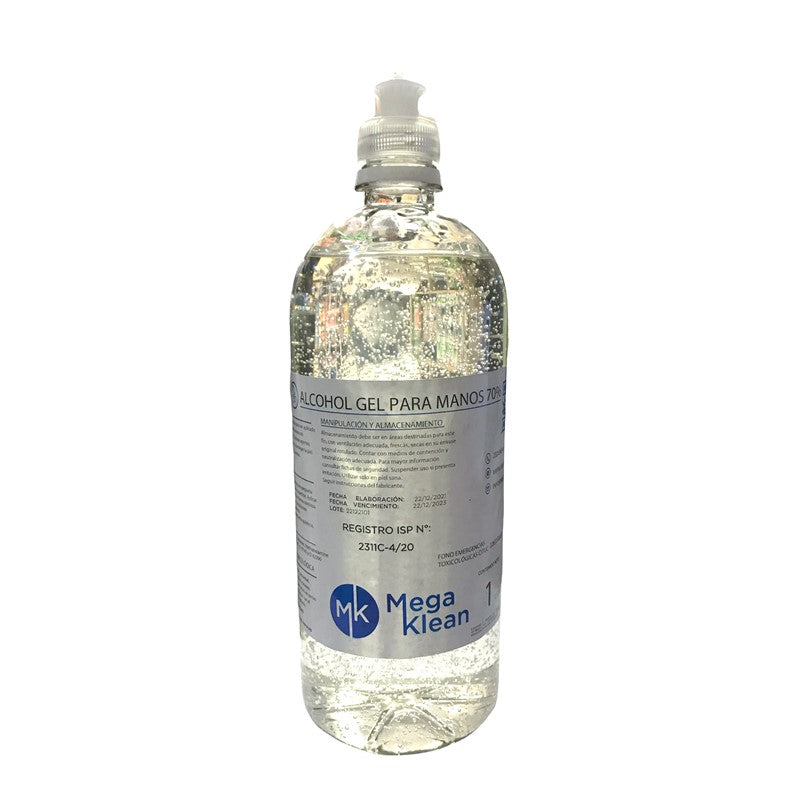 Alcohol Gel al 70% e con dispensador para un fácil uso, está formulado para proporcionar una acción antiséptica y sanitizante superior para tus manos.
\n
\nContenido: 1 litro CON RESOLUCIÓN SANITARIA (ISP) Instrucciones de uso: Aplicar una porción del producto en forma pura sobre las manos y fregar homogéneamente.