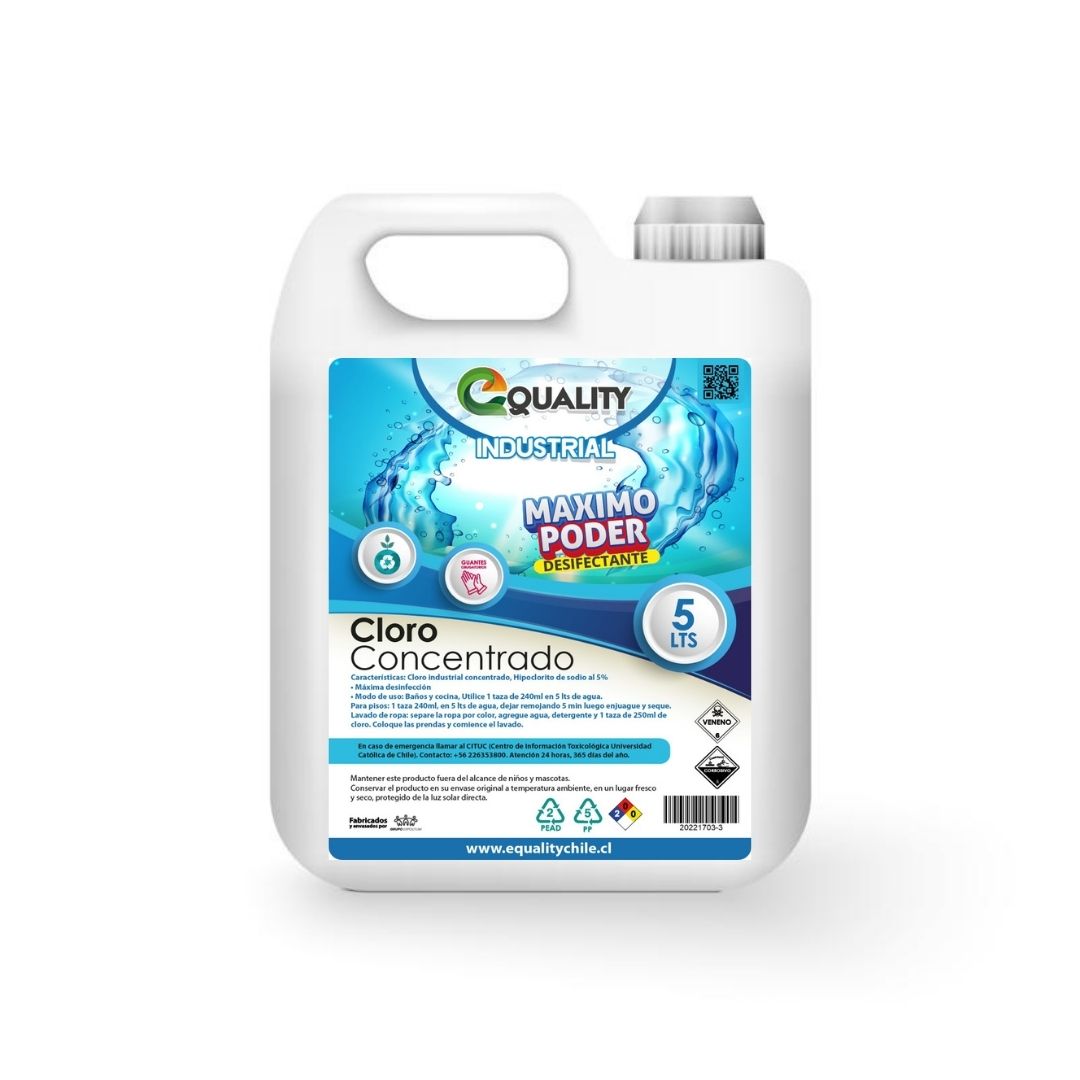 Cloro Industrial de 5lts; al 5 % Recomendado para limpieza profunda de áreas comunes en todo tipo de industria, hospitales y clínicas, sanitarios, baldosas, pisos, ropa de enfermería blanca y de pacientes y todo tipo de superficies y accesorios lavables. Su poderosa formula es utilizada contra todo tipo de virus, bacterias, hongos y levaduras.
\n
\nSolución de hipoclorito de sodio al 5%, por su naturaleza oxidante y alcalina, es un excelente blanqueador, desodorizante y desinfectante.