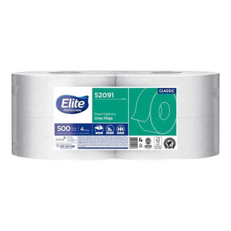 Pack de Papel Higiénico Elite 4x500 mts, rollos jumbo, listo para envío en Chile.