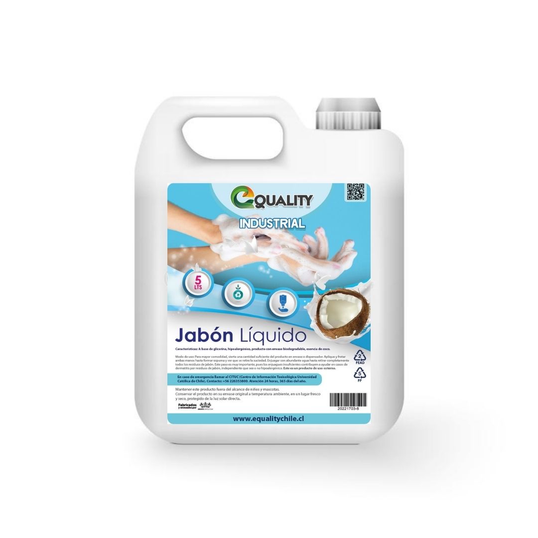 Jabón de 5 lts, para recargar dispensadores, producto concentrado, que ha sido formulado para la limpieza rápida y eficiente. Es un producto suave para manos gracias a las sustancias emolientes de su formulación, con un alto nivel de espuma y con una elevada capacidad para emulsionar y eliminar aceites y grasas.