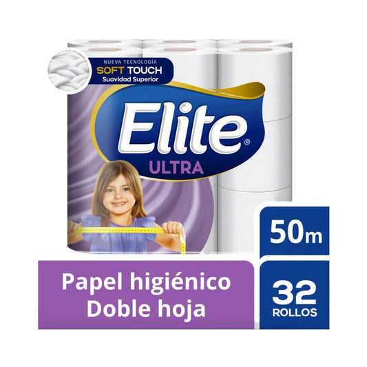 Manga de Higiénico Élite Ultra Doble Hoja 32 unidades 50 mt Elite. Usa el mejor Higienico Extra Suave. El papel higiénico Elite está elaborado con las fibras más puras de papel tissue, ideales para áreas delicadas, sin ser abrasivos ni corrosivos. Además el proceso de fabricación le brinda a sus hojas una máxima suavidad, todo pensado en tu bienestar.