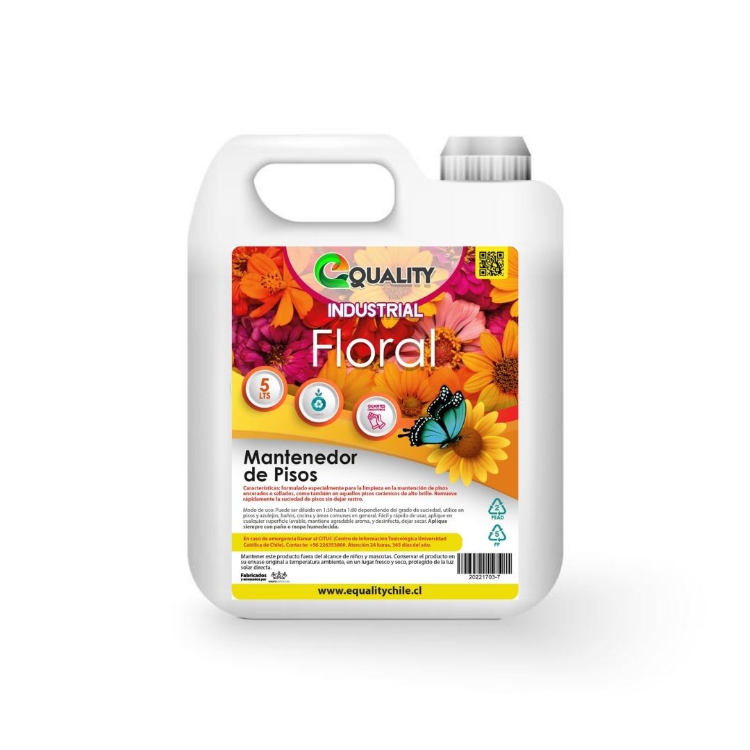 Mantenedor de Pisos Industrial de 5 lts: limpiador multiuso.
\n
\nAromas disponibles: Floral y Lavanda ideal para la eliminación de suciedades en pisos, encerados, sellados, cerámicos  y otros. Producto de calidad.