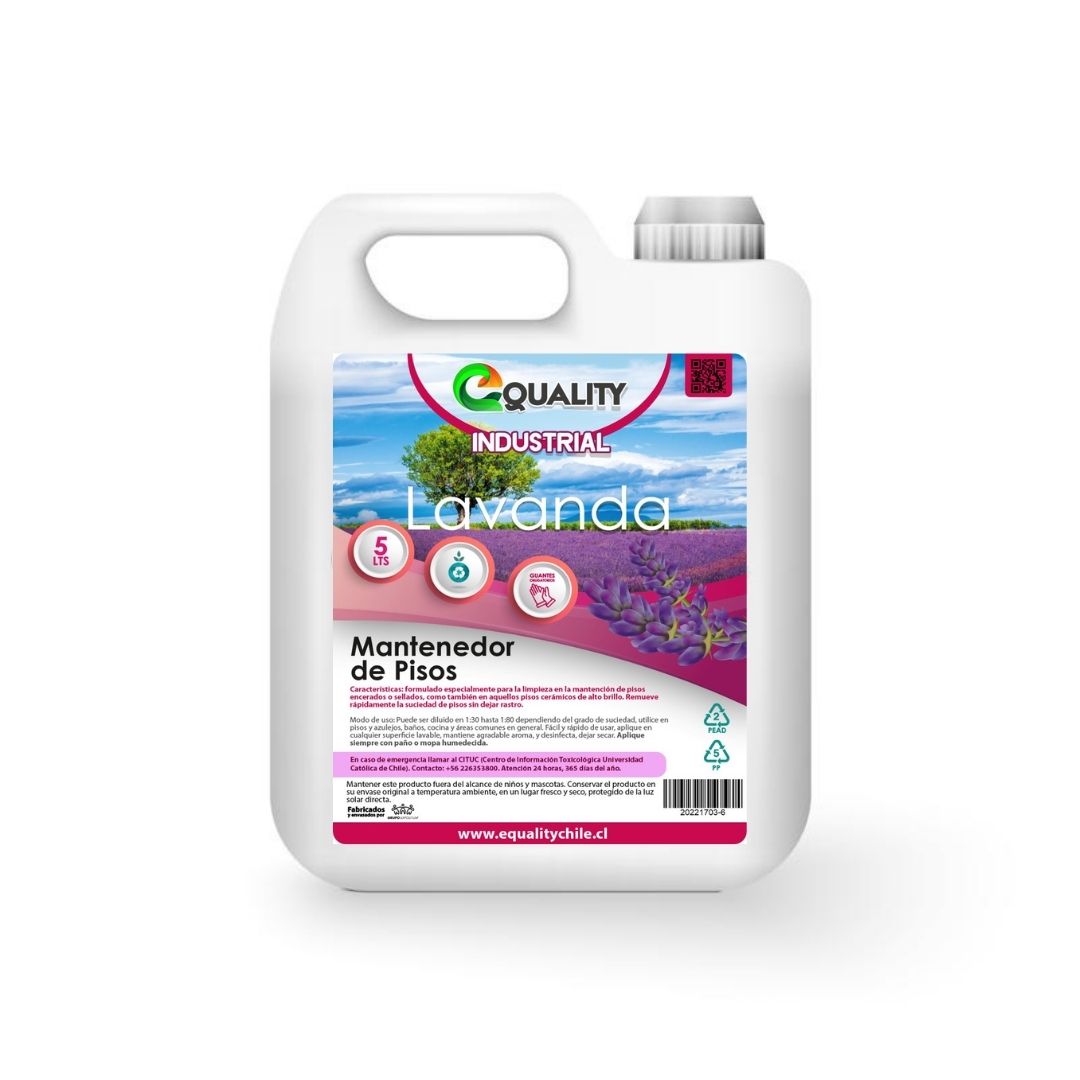 Mantenedor de Pisos Industrial de 5 lts: limpiador multiuso.
\n
\nAromas disponibles: Floral y Lavanda ideal para la eliminación de suciedades en pisos, encerados, sellados, cerámicos  y otros. Producto de calidad.