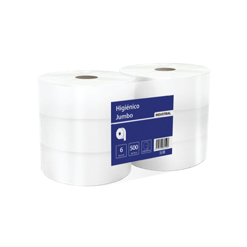 Papel Higiénico Industrial Pack 6 x 500 mts, hoja simple, Biodegradable STRONGER, Suave- extra blanco.