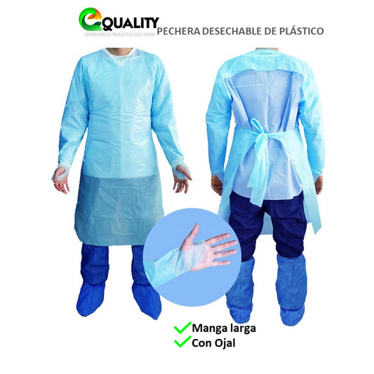 Pecheras Desechables plásticas 50 unidades de Polietileno Manga Larga <strong>CON OJAL</strong> para un mejor ajuste y con amarre en la espalda. De alta protección, previene salpicaduras de fluidos.