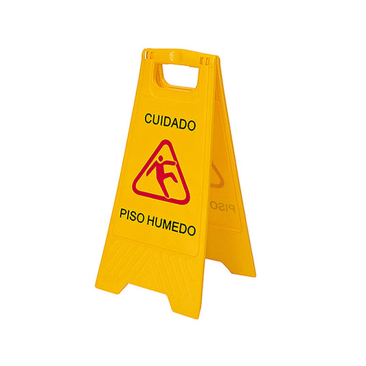 Señalética Piso Húmedo, plástica de color amarillo resistente a golpes con leyenda de advertencia de piso mojado.
\n
\nEste elemento se utiliza en pisos dañados, húmedos u otras; indispensable para reducir accidentes en áreas cerradas por mantenimiento de limpieza o deterioro, es decir, se coloca donde haya tráfico peatonal.señalet