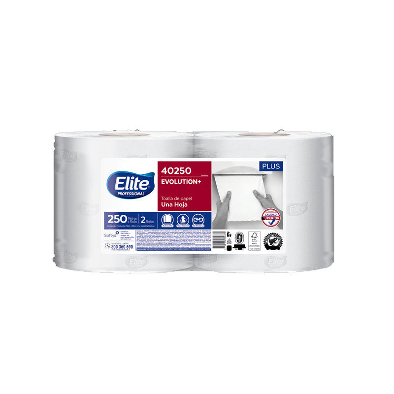 Toalla de papel autocorte, Elite Evolution Doble Hoja, nueva tecnología en toallas tan eficaz que absorberá hasta tus costos ¡Menor costo por uso, mayor capacidad y velocidad de absorción!