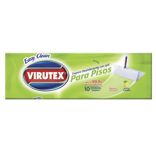 Trapero Húmedo desinfectante Virutex, pack de 10 unidades, Aroma limón medidas, 40 X60 cm, con ojal, mata el 99,9 % germenes y bacterias