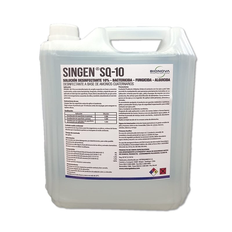 Amonio Cuaternario Desinfectante 5 lts: Es un producto especialmente formulado para ser usado en el área industrial, donde la limpieza, desinfección y sanitización con estándares de alta exigencia. Certificado y con ISP. contra el Covid-19