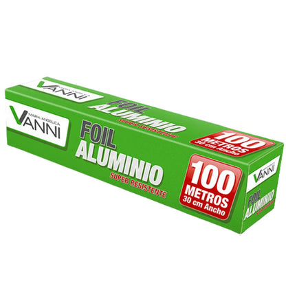 Rollo de Papel Aluminio Film 100 metros, vista frontal. Ideal para cocina, embalaje y protección de alimentos.
