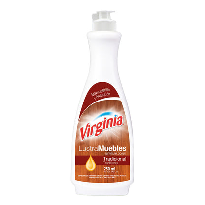 Botella de Lustra Mueble Virginia de Equalitychile, mostrando su fórmula para limpiar, dar brillo y proteger superficies.