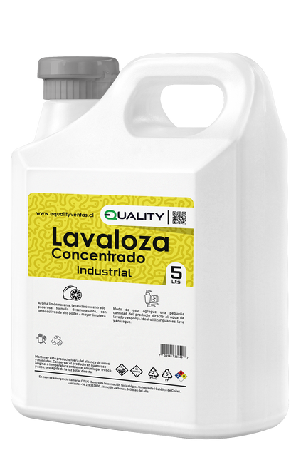 Pack 6 bidones de detergente lavaloza de 5 litros cada uno, apilados, con etiquetas claras.