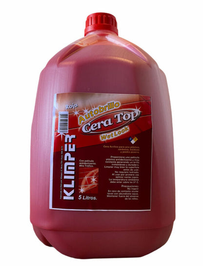 Botella de Cera Acrílica Roja Autobrillo Klimper 5 Lts para pisos. Sellador de brillo intenso y protección duradera.