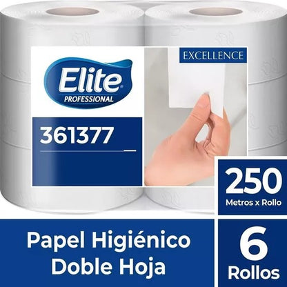 Pack de Papel Higiénico Elite Doble Hoja 6x250 Metros, mostrando los 6 rollos blancos apilados.