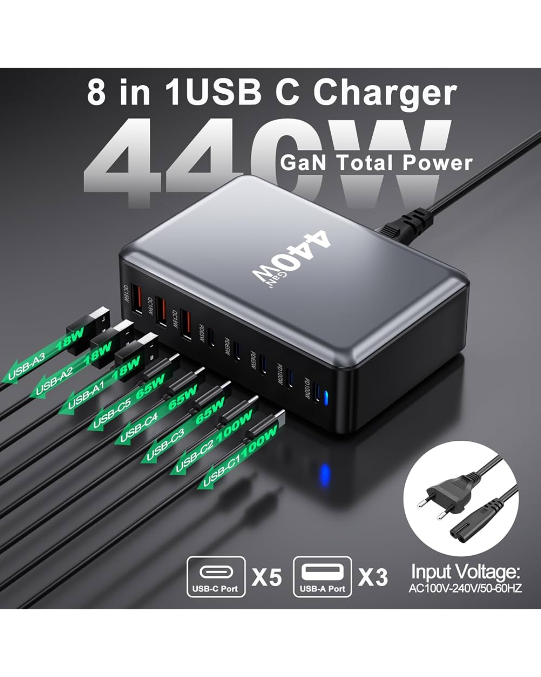 Estación Carga Multipuertos 440w 8 Puertos 3 Usb + 5 Usb C