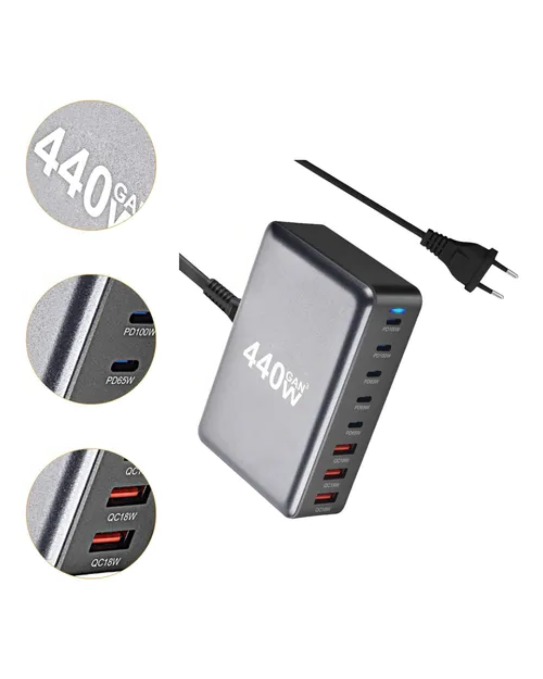 Estación Carga Multipuertos 440w 8 Puertos 3 Usb + 5 Usb C