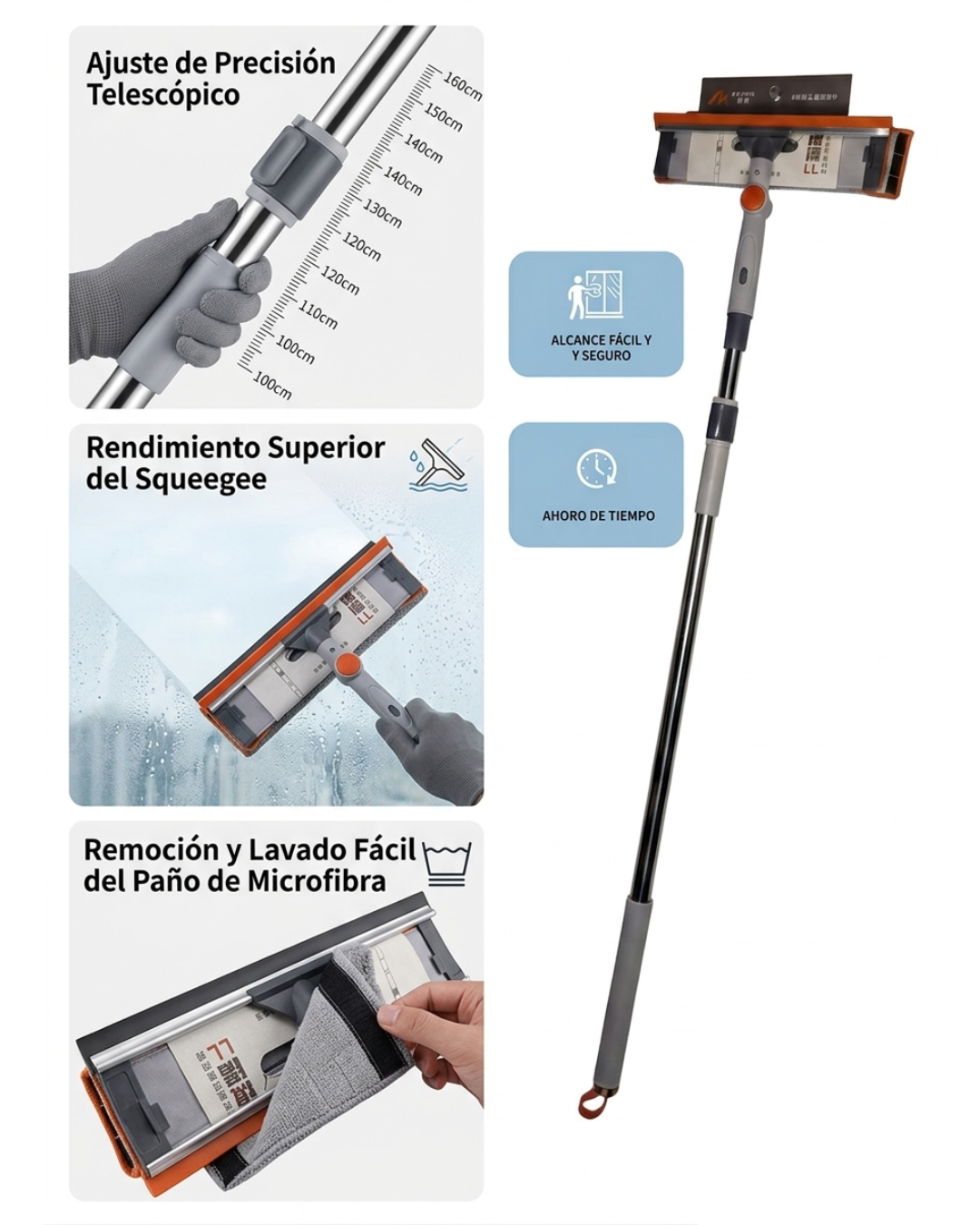 Limpia Vidrios Extensible Telescópico Largo Ajustable