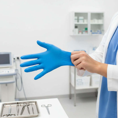 Guantes de Nitrilo Celeste Muncare desechables, caja de 100 unidades, ideales para protección profesional y usos múltiples.