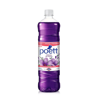 Botella de Desinfectante Poett Lavanda 900ml, con etiqueta morada, diseño floral de lavanda y texto 'Elimina 99.9% de Virus y Bacterias'.