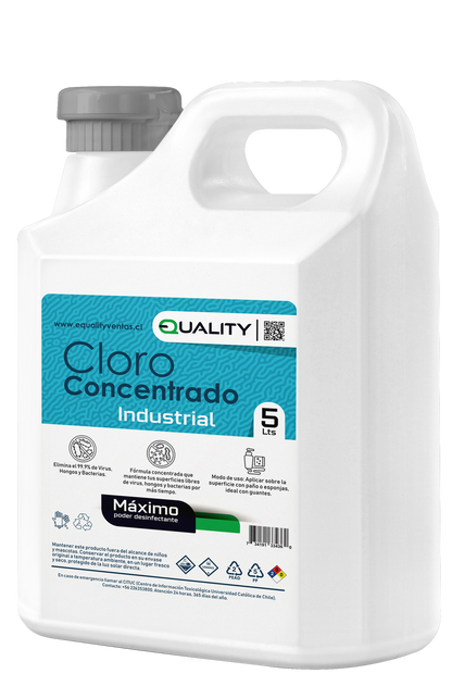 Bidón de Cloro Industrial Concentrado 5 LTS, con líquido blanqueador para desinfección profunda.