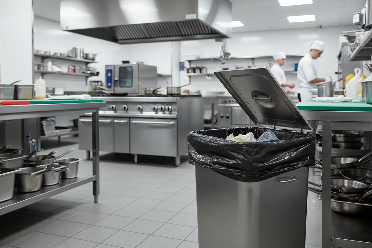 Genera imagen utilizando bolsa de basura en cocina de restaurante