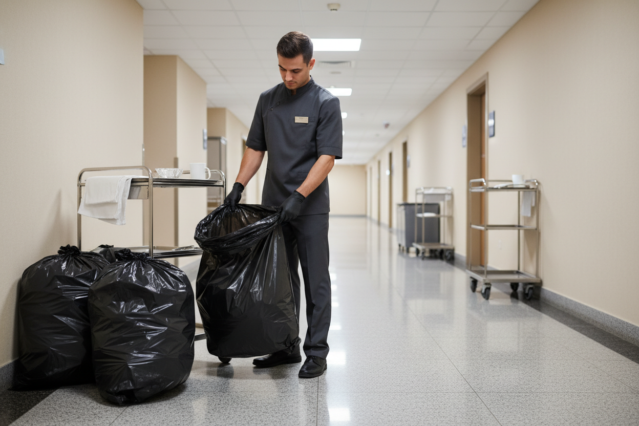 GENERA UNA IMAGEN DE UN TRABAJADOR EN UN HOTEL SACANDO DESECHOS EN BOLSAS DE BASURA NEGRA