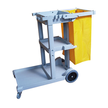 Carro de Aseo Multifuncional Janitor con 3 bandejas y bolsa, ideal para limpieza profesional.