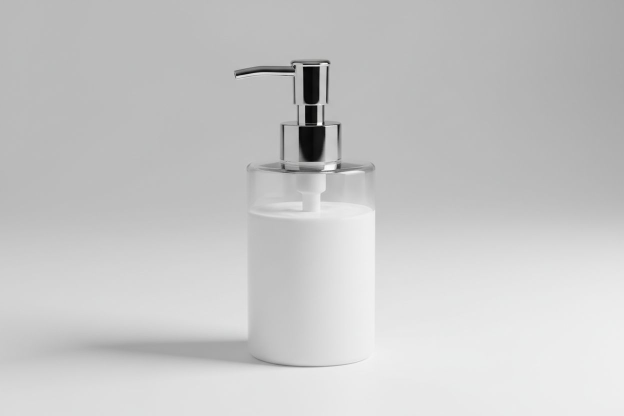 imagina un dispensador manual con jabon liquido para manos, liquido blanco espeso