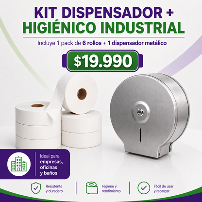 KIT DISPENSADOR HIGIENICO METALICO + 1 PACK HIGIENICO 6 ROLLOS