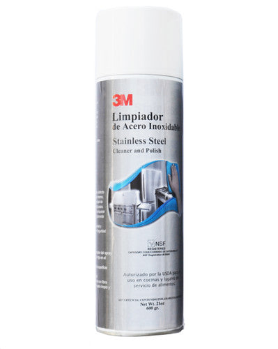 Envase del Limpiador de Acero Inoxidable 3M, mostrando su capacidad para dar brillo y protección profesional a superficies.