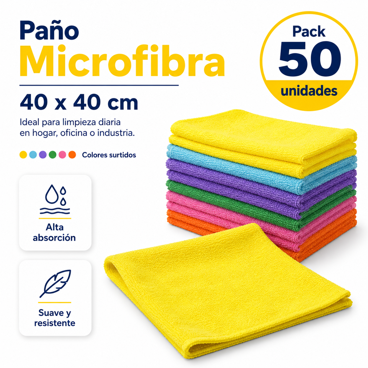 Paño Microfibra Colores Surtidos Pack Mayorista 50 Unidades Paquete