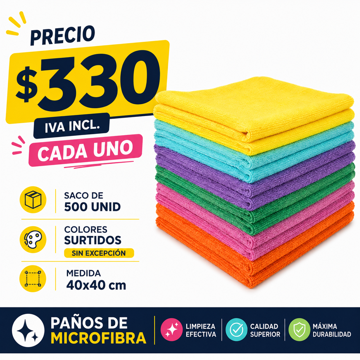500 unidades Paño Microfibra Colores Surtidos 40x40cm
