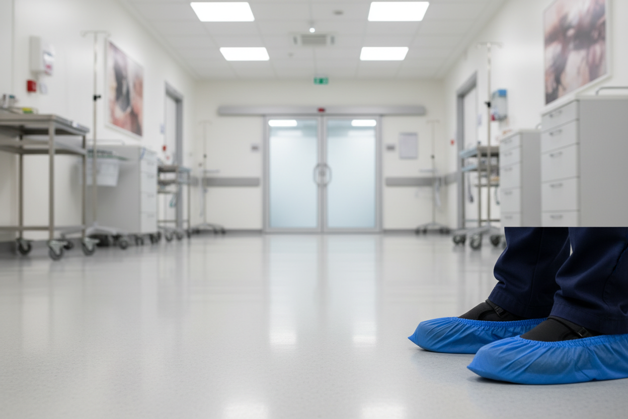 uso de cubre calzados azul en clinica