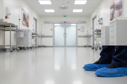 uso de cubre calzados azul en clinica
