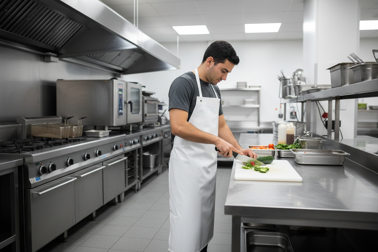 Uso de pechera PVC blanca en cocina