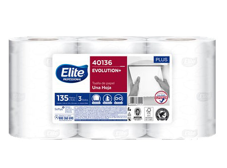 Toalla Elite Evolution 3x135 mts; de papel auto corte, Elite Evolution+ Una Hoja, nueva fórmula en toallas tan eficaz que absorberá hasta tus costos ¡Menor costo por uso, mayor capacidad y velocidad de absorción!