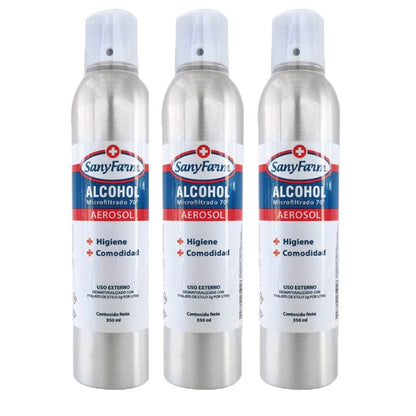 Pack de 14 Alcohol Aerosol Sanyfarm 350ml, envases blancos con etiquetas azules.